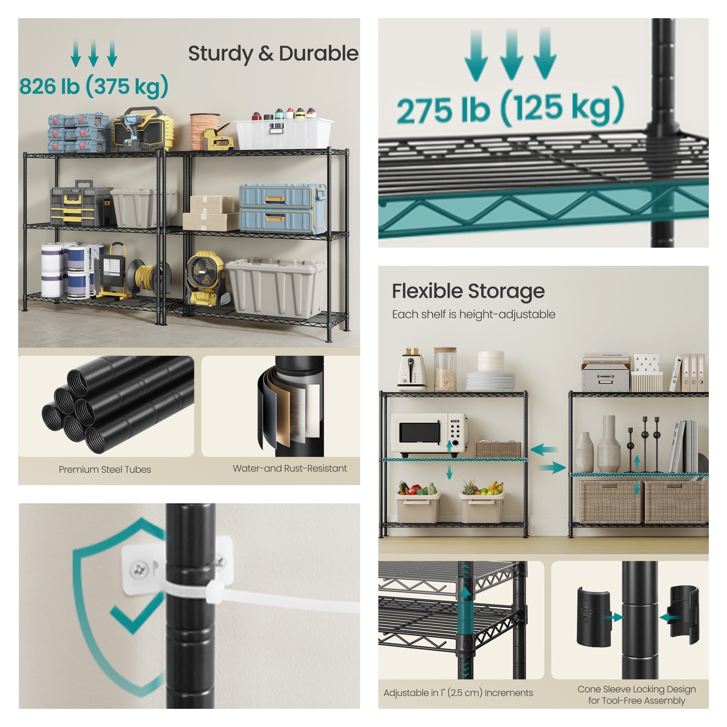 3-Tier Metal Wire Shelving Unit, Adjustable Storage Shelf with Steel Frame, for Garage, Kitchen, Pantry, 35.4 x 35.4 x 11.8 Inches, Ink Black