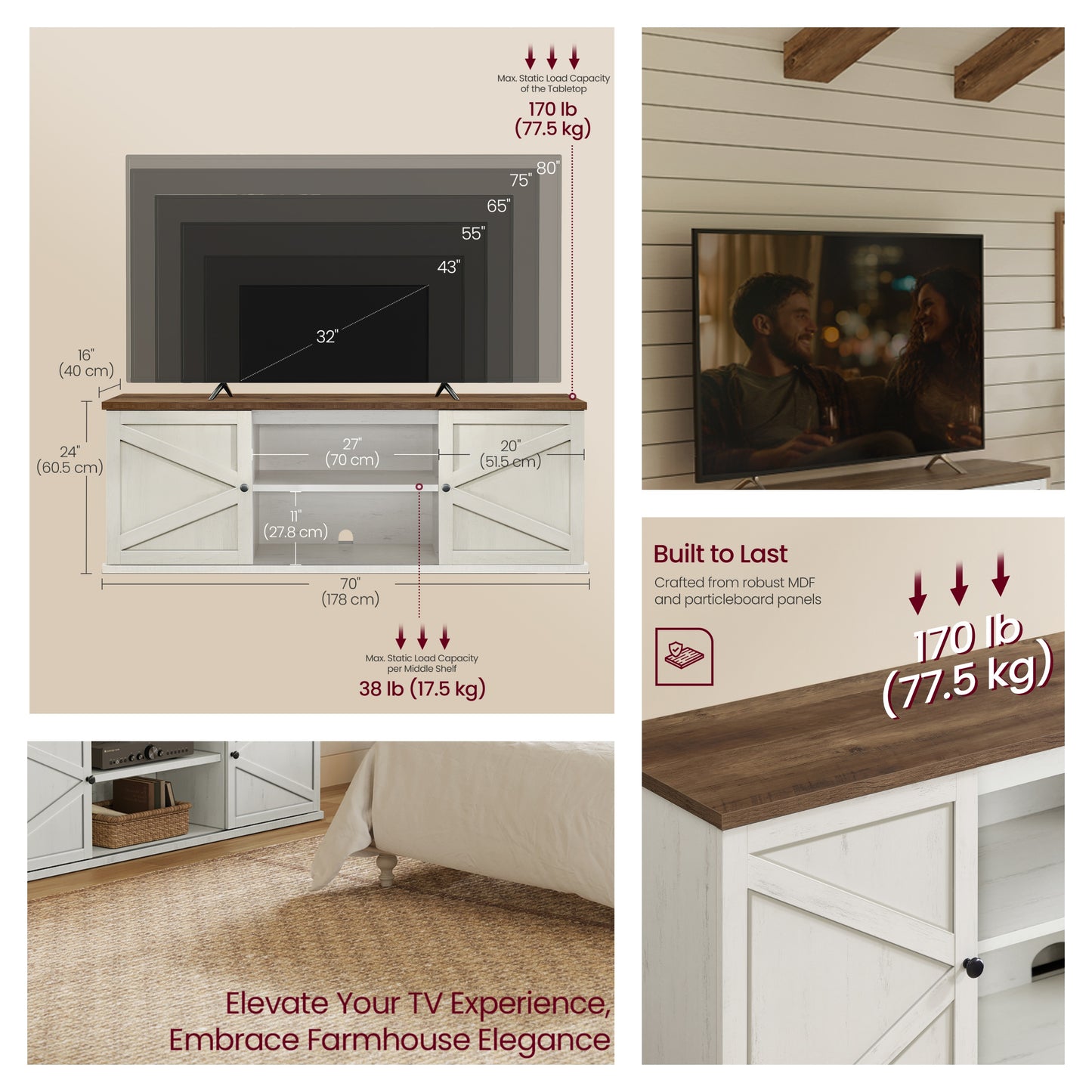 Farmhouse TV Stand for 80-Inch TVs, Entertainment Center with Sliding Barn Doors and 4 Storage Compartments, Rustic White and Brown