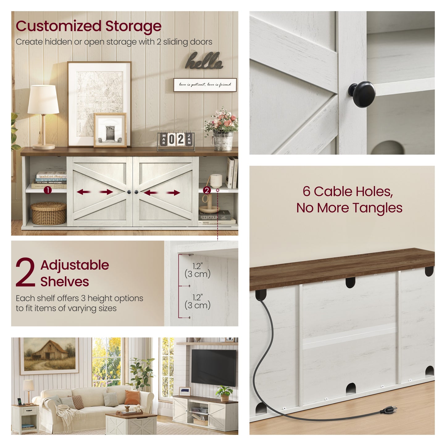 Farmhouse TV Stand for 80-Inch TVs, Entertainment Center with Sliding Barn Doors and 4 Storage Compartments, Rustic White and Brown