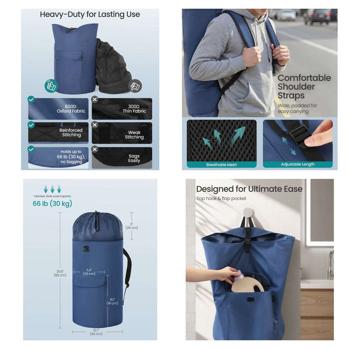 LEDREM Laundry Backpack, Heavy-Duty Foldable Laundry Bag with Wide Shoulder Straps, 31.7 Gal., Blue