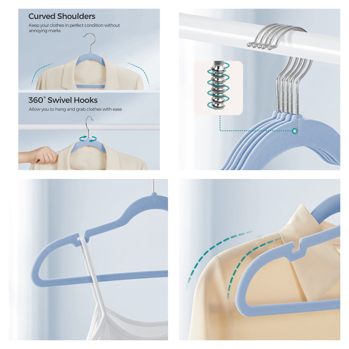 LEDREM Velvet Hangers 50 Pack, Non-Slip Space Saving Clothes Hangers with Swivel Hook, 16.9 x 8.7 x 0.2 Inches, Baby Blue