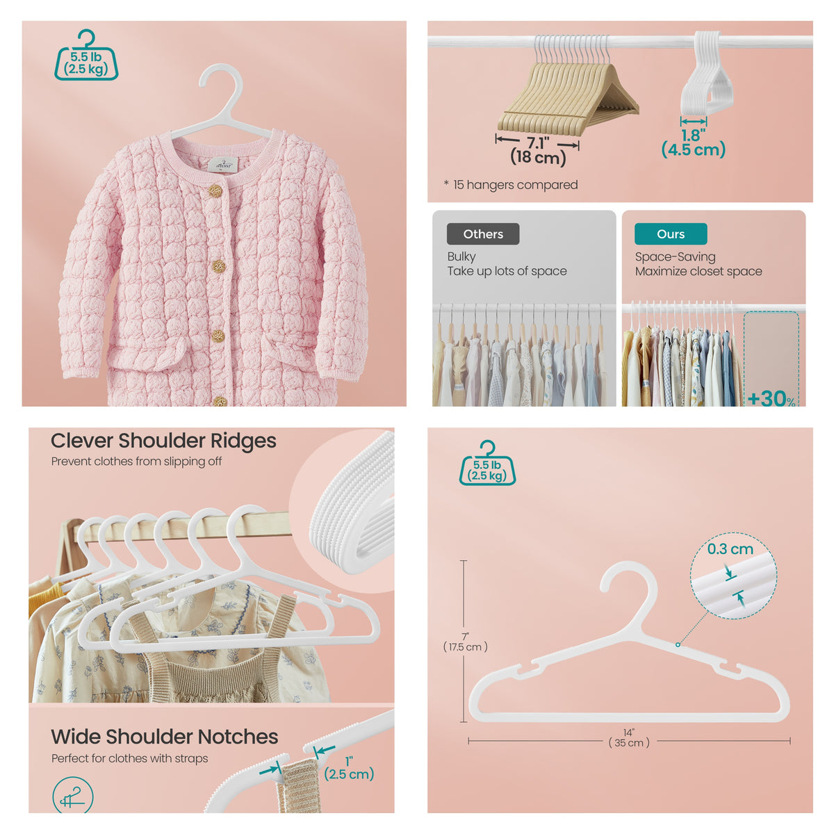 LEDREM 100 Pack Kids Hangers, 14 x 7 Inch Non-Slip Plastic Clothes Hangers for Children's Clothing, Slim Space-Saving, Cloud White