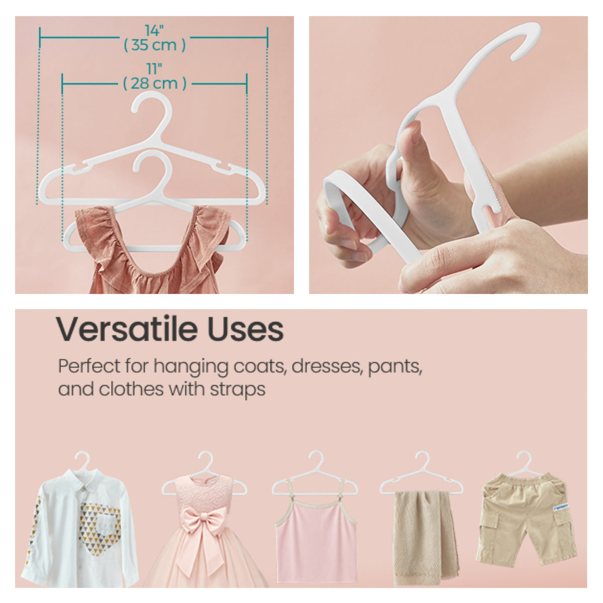 LEDREM 100 Pack Kids Hangers, 14 x 7 Inch Non-Slip Plastic Clothes Hangers for Children's Clothing, Slim Space-Saving, Cloud White