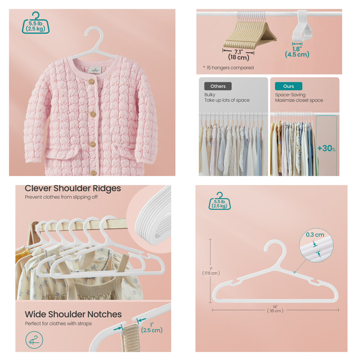 LEDREM 60 Pack Kids Hangers, 13.8 x 6.9 Inch Non-Slip Plastic Clothes Hangers, Slim Space-Saving, Cloud White