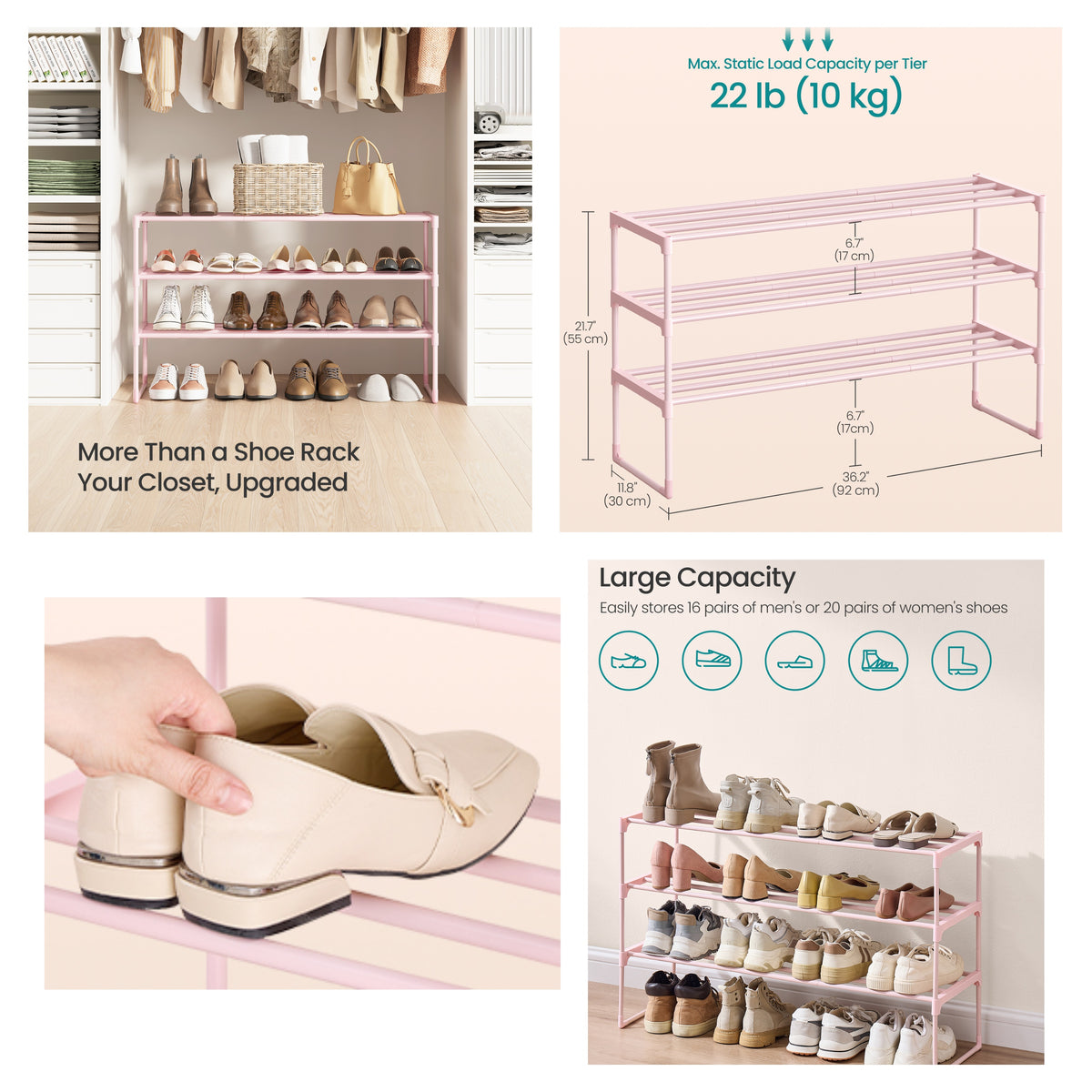 LEDREM 3-Tier Metal Shoe Storage Shelf, Stackable Shoe Organiser, for Entryway, Jelly Pink
