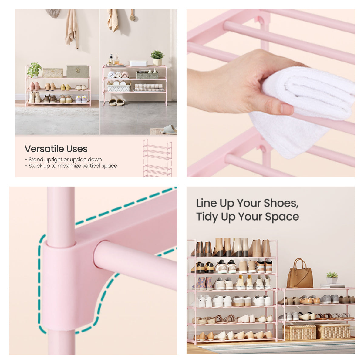 LEDREM 3-Tier Metal Shoe Storage Shelf, Stackable Shoe Organiser, for Entryway, Jelly Pink