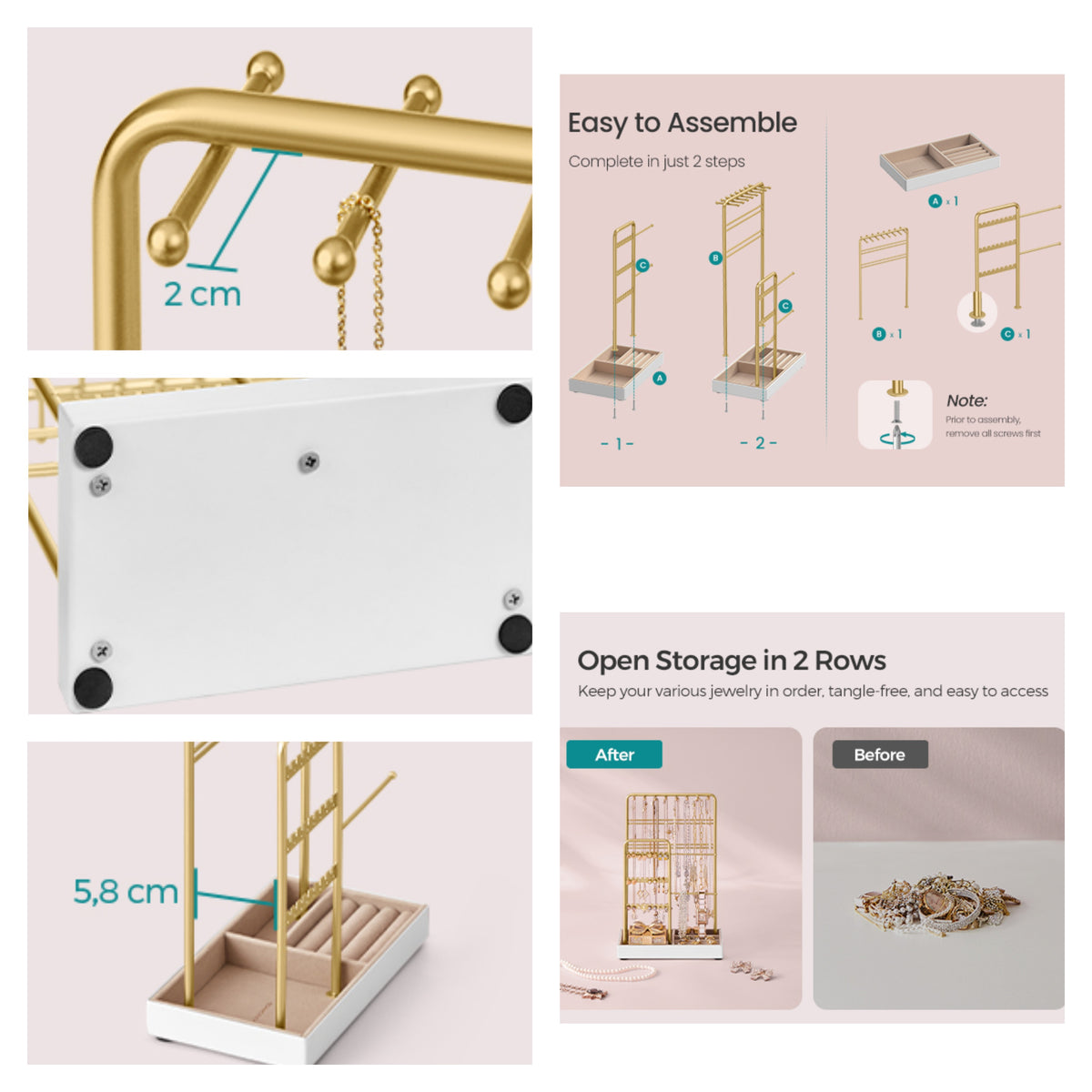 LEDREM 2-Piece Jewelry Display Stand, Metal Frame with Velvet Tray, Tabletop Organizer for Necklaces Earrings Rings, Freestanding, Pale Gold