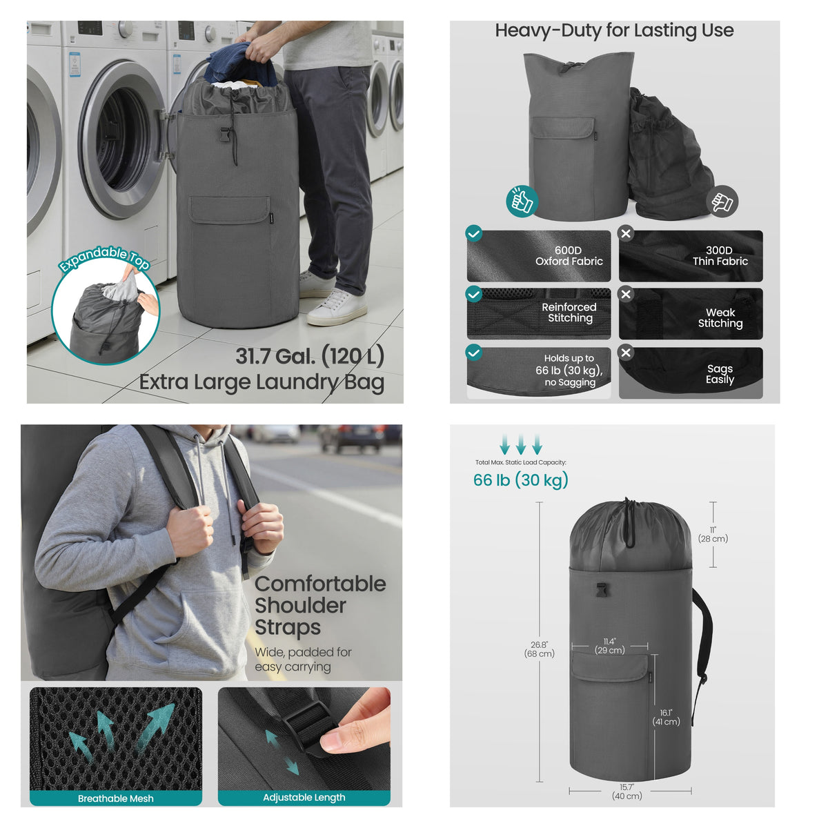 LEDREM Laundry Backpack, Heavy-Duty Foldable Laundry Bag with Wide Shoulder Straps, 31.7 Gal., Gray