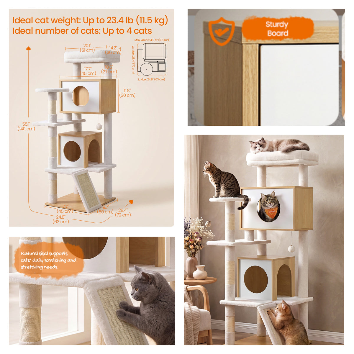 LEDREM Wood Cat Tree, 5-Tier Cat Tower with Scratching Post and 2 Condos, 53.9 Inches, Oak Beige and Cloud White