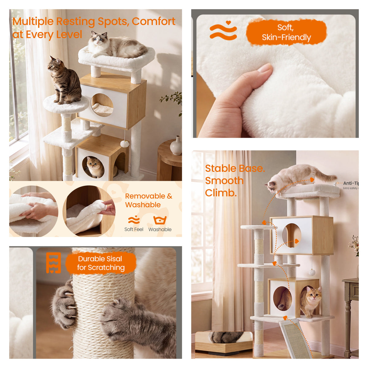 LEDREM Wood Cat Tree, 5-Tier Cat Tower with Scratching Post and 2 Condos, 53.9 Inches, Oak Beige and Cloud White