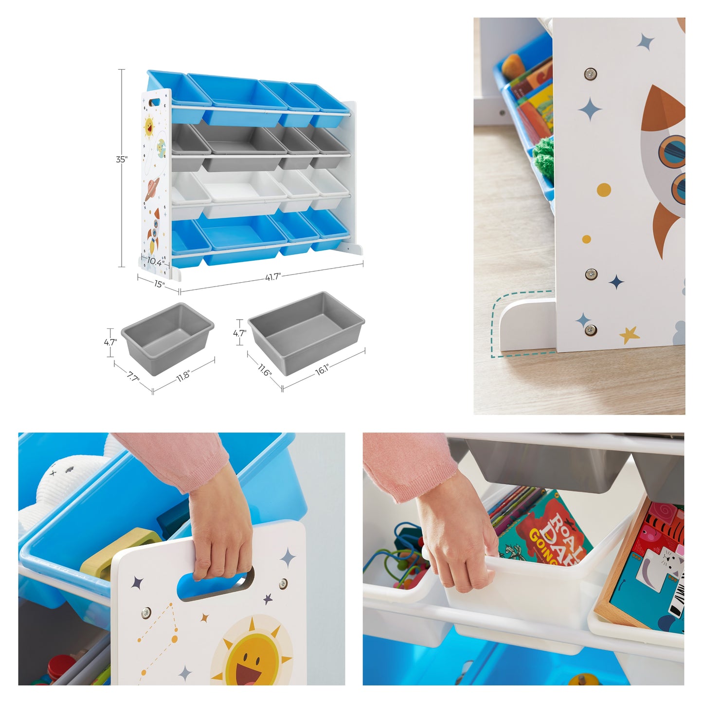 Space Theme 4-Tier Kids Toy Organizer with 16 Removable Bins, Large Storage Rack for Playroom, Bedroom, Nursery, White, Blue, Gray