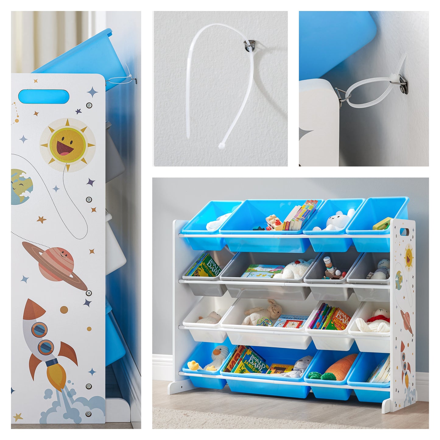 Space Theme 4-Tier Kids Toy Organizer with 16 Removable Bins, Large Storage Rack for Playroom, Bedroom, Nursery, White, Blue, Gray