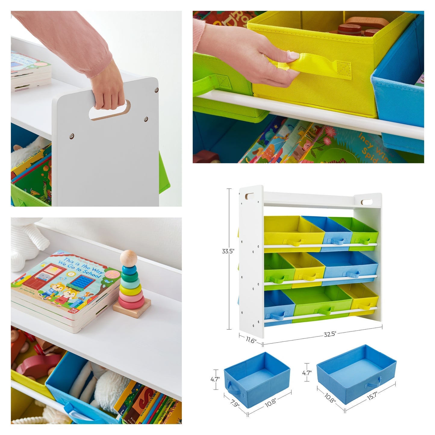 Kids 9-Bin Toy Organizer with Top Book Shelf, Non-Woven Storage Cubes, Nursery Playroom Storage Unit with Anti-Tip Straps, White, Multi-Color