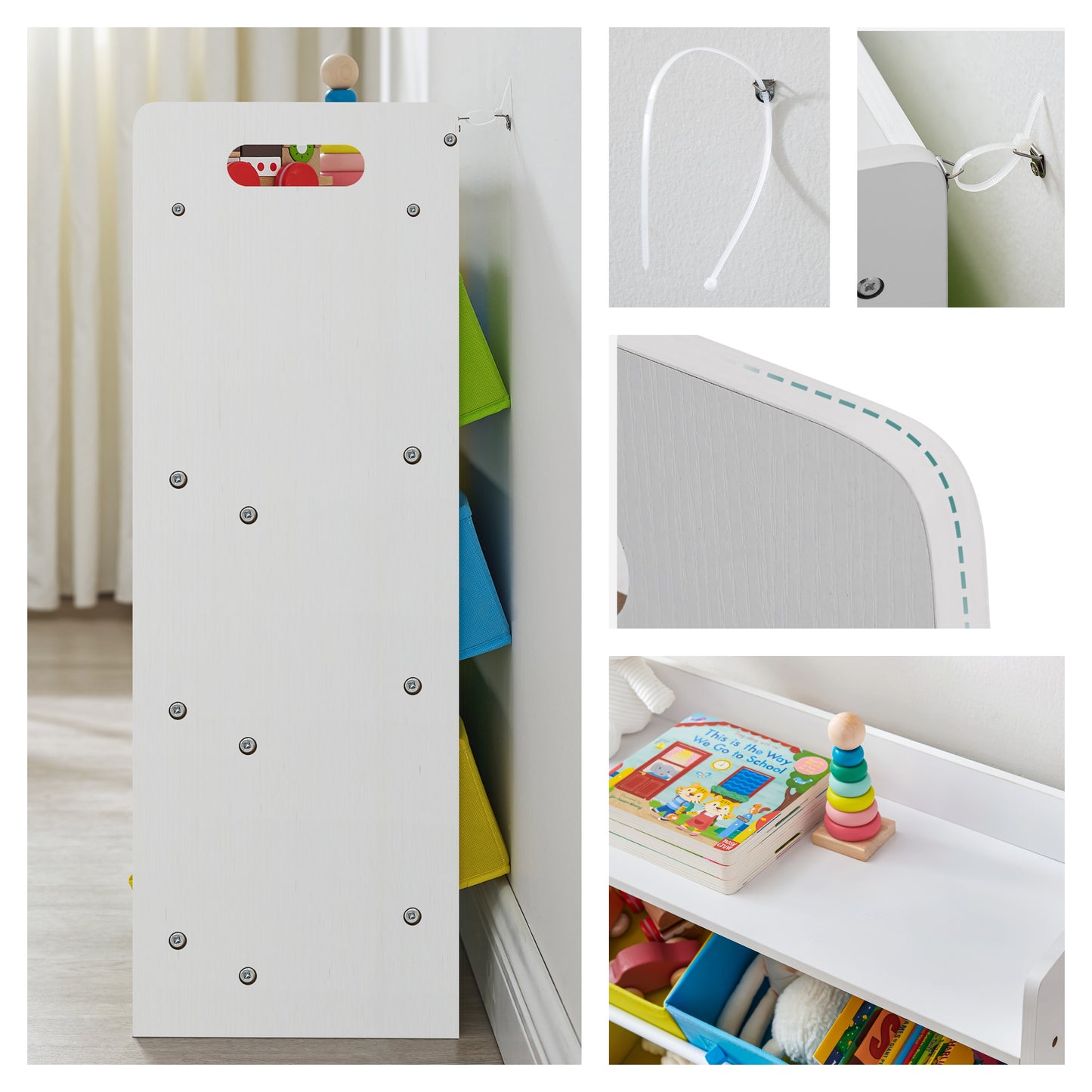 Kids 9-Bin Toy Organizer with Top Book Shelf, Non-Woven Storage Cubes, Nursery Playroom Storage Unit with Anti-Tip Straps, White, Multi-Color