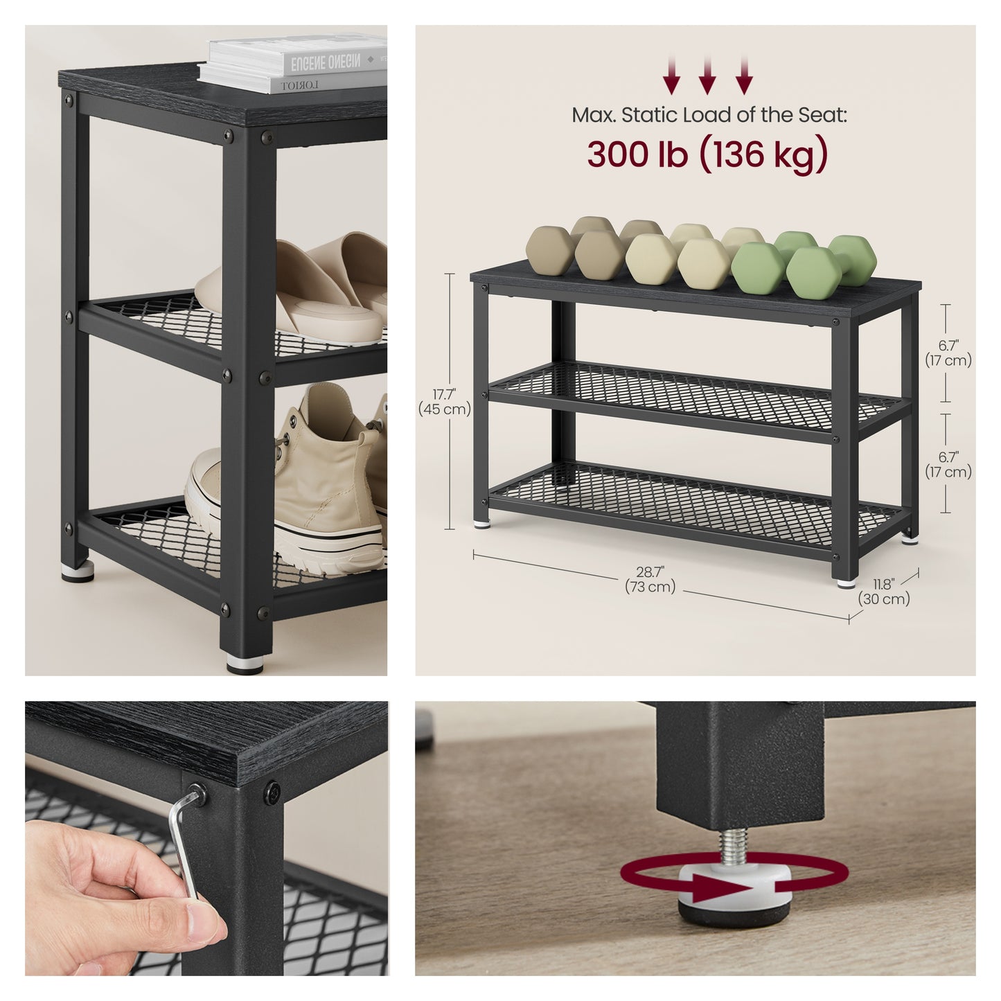 3-Tier Shoe Rack Bench with Seat, Free Standing Shoe Organizer Storage Shelf for Entryway Hallway, Holds 6-8 Pairs,  Black