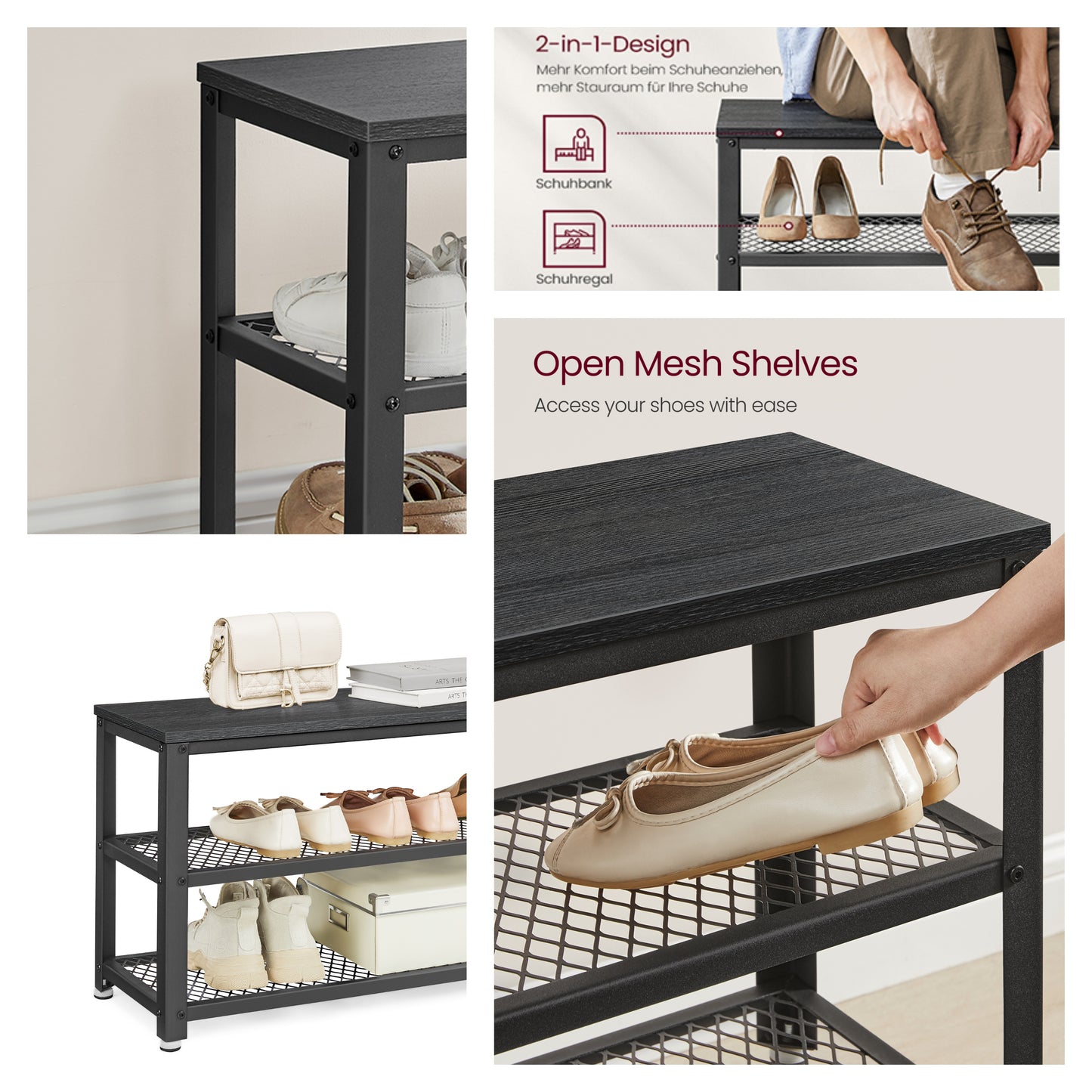 3-Tier Shoe Rack Bench with Seat, Free Standing Shoe Organizer Storage Shelf for Entryway Hallway, Holds 6-8 Pairs,  Black