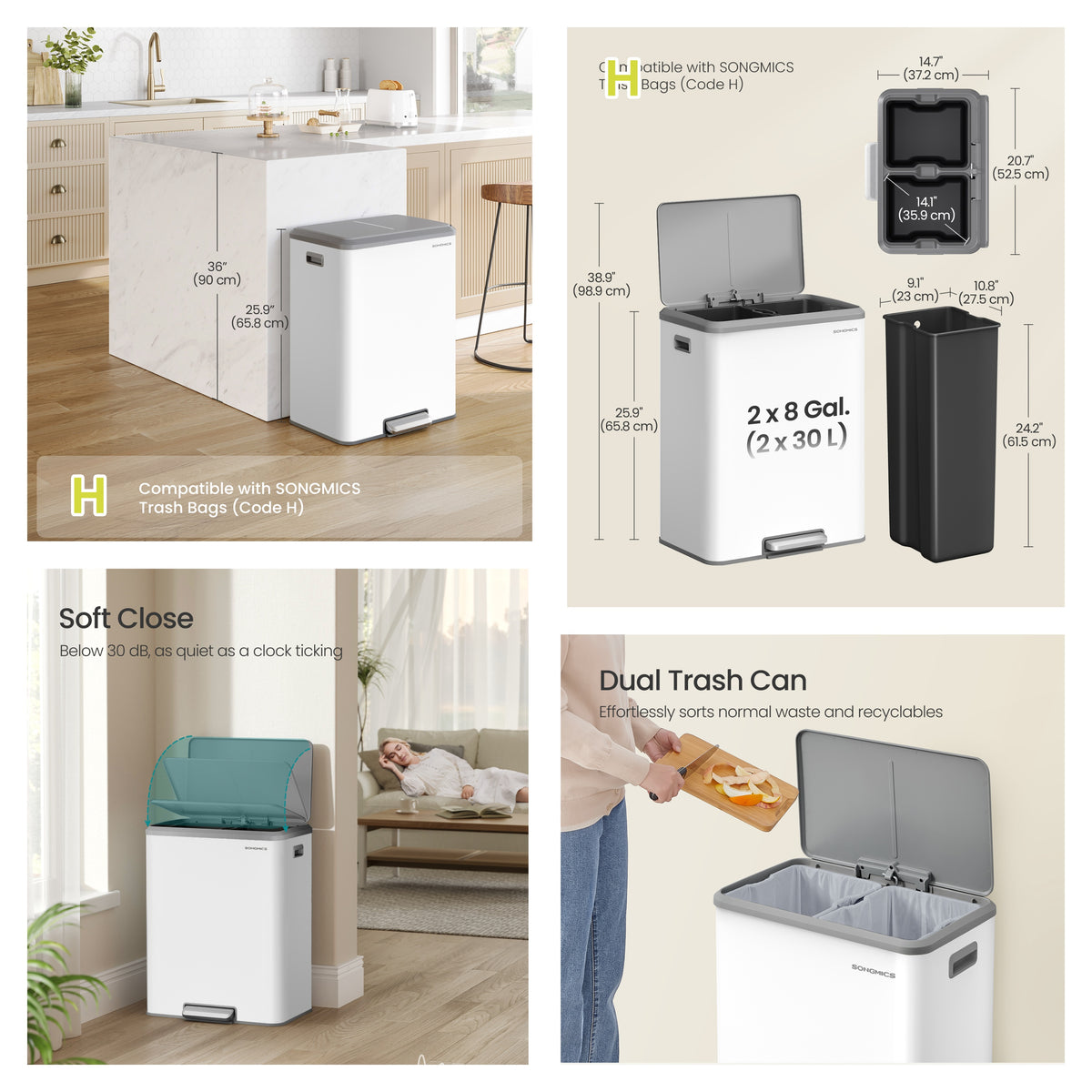 LEDREM Trash Bin, 2 x 8 Gallon (2 x 30 L) Double Trash Can, Soft-Close Lid, White