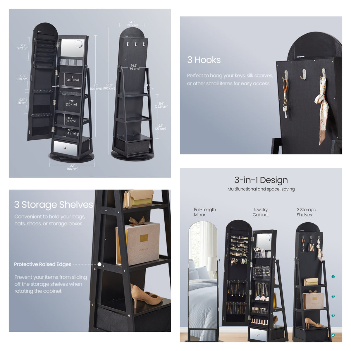 LEDREM Jewelry Cabinet with 360° Swivel Full-Length Arched Mirror and LED Lights, 22 x 22 x 63.7 Inches, Black