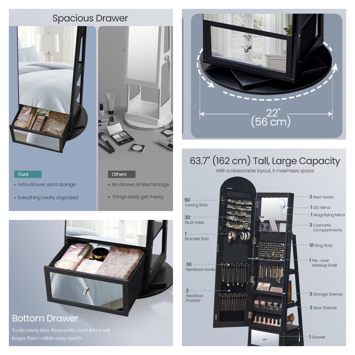 LEDREM Jewelry Cabinet with 360° Swivel Full-Length Arched Mirror and LED Lights, 22 x 22 x 63.7 Inches, Black