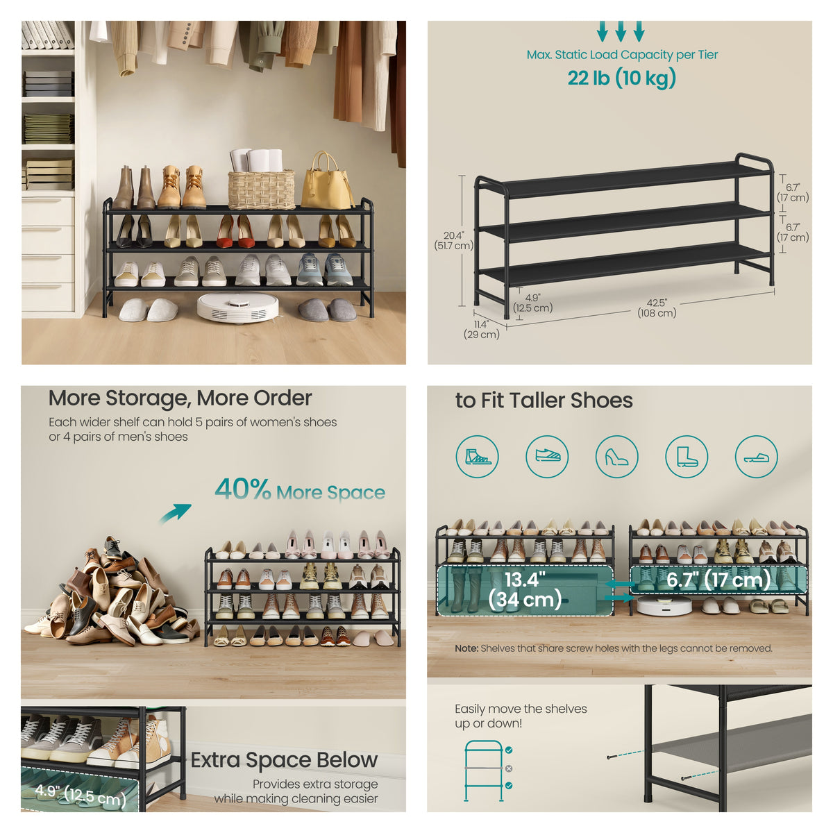 LEDREM 3-Tier Shoe Rack Organizer, Holds 15-20 Pairs, Free Standing Shoe Storage Shelf, 42.5 x 11.4 x 20.4 Inches, Black