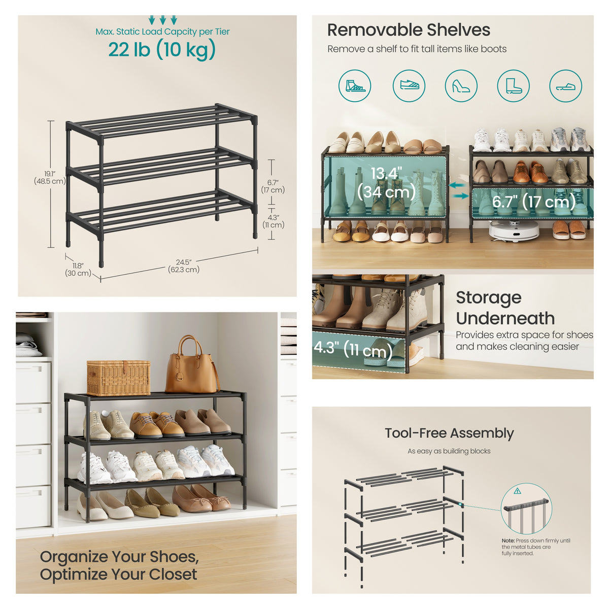 3-Tier Shoe Rack, Metal Entryway Organizer, Small Shoe Storage for Closet, 24.5 x 11.8 x 21.7 Inches, Black