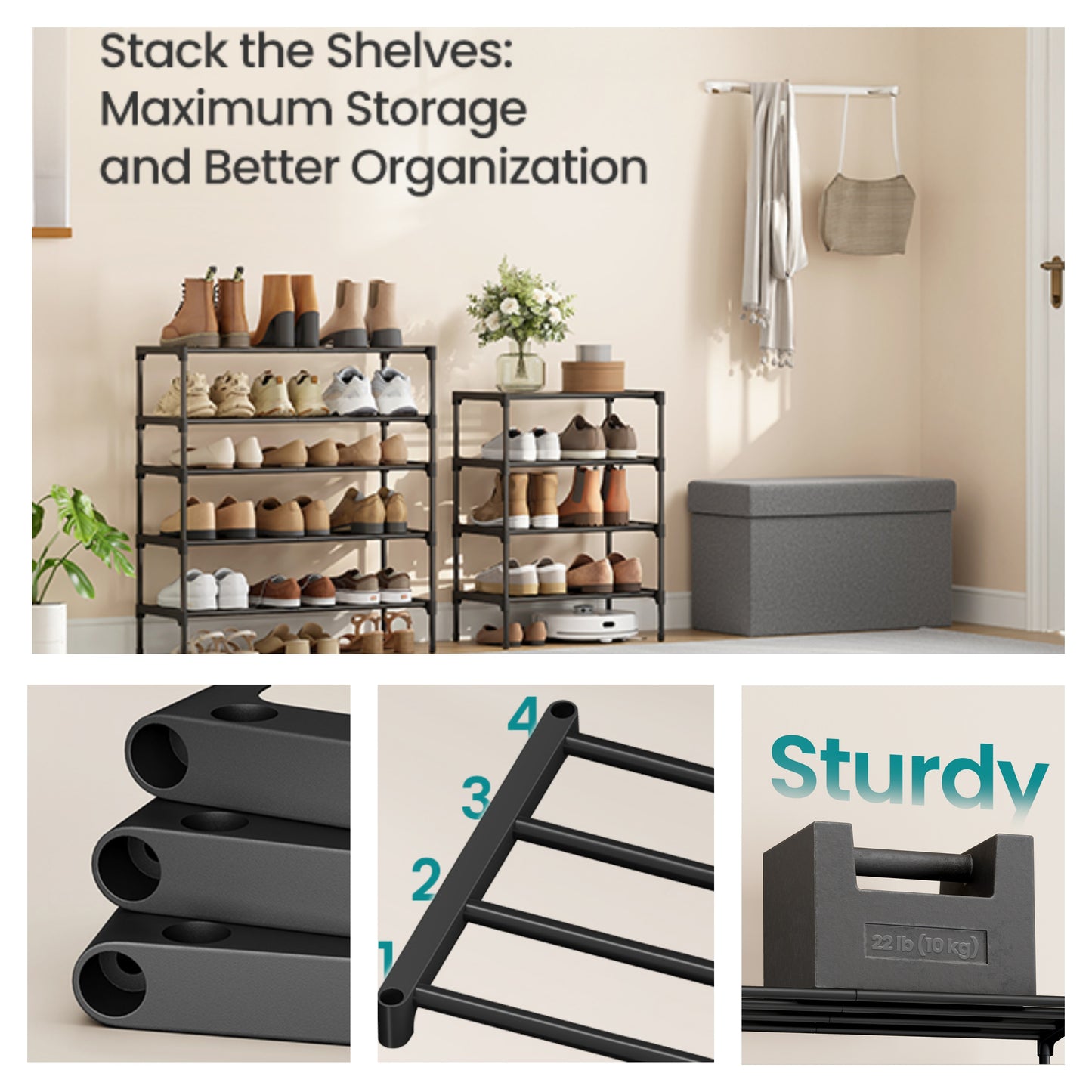 3-Tier Shoe Rack, Metal Entryway Organizer, Small Shoe Storage for Closet, 24.5 x 11.8 x 21.7 Inches, Black