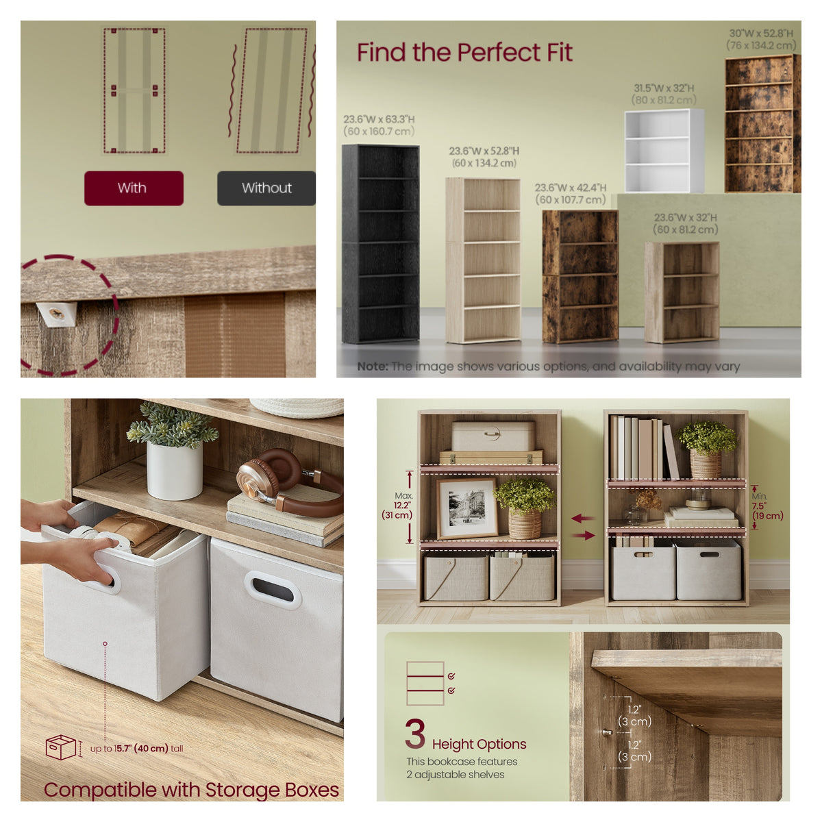 LEDREM 3-Tier Bookcase, Bookshelf with Adjustable Storage Shelves, Open Shelving, Milk Coffee