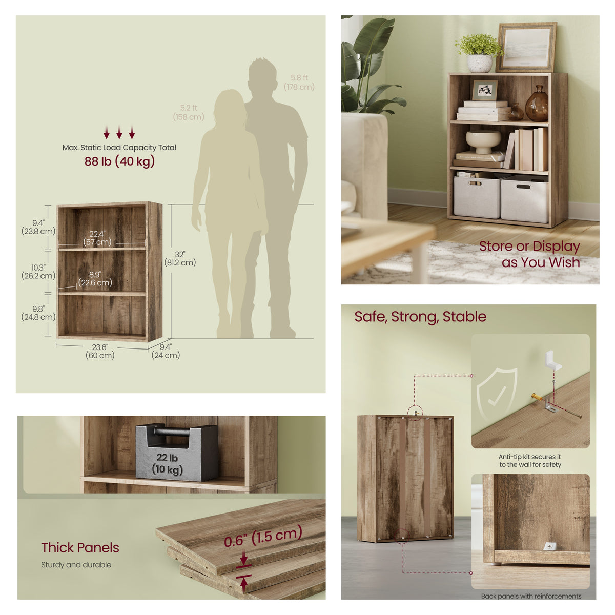 LEDREM 3-Tier Bookcase, Bookshelf with Adjustable Storage Shelves, Open Shelving, Milk Coffee
