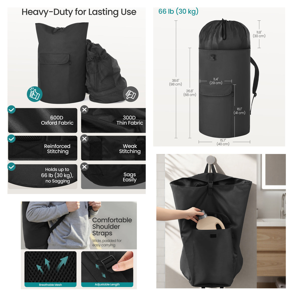 LEDREM Laundry Backpack, Heavy-Duty Foldable Laundry Bag with Wide Shoulder Straps, 31.7 Gal., Black