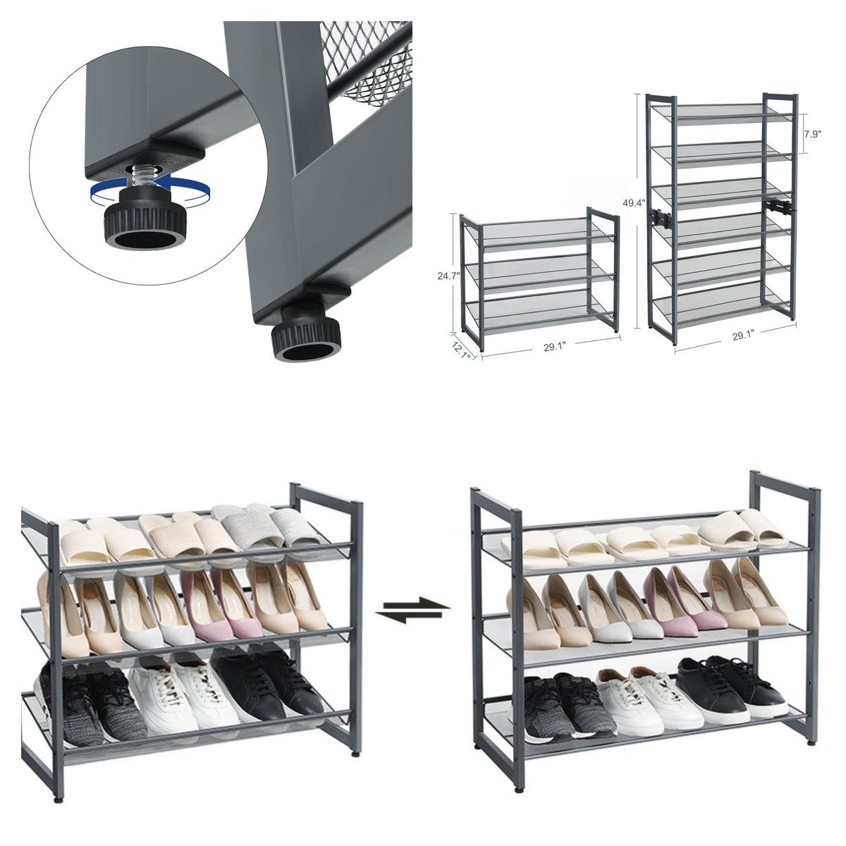 LEDREM 3-Tier Shoe Rack, Stackable Shoe Organizer, Holds 9-12 Pairs, Entryway, Adjustable Shelves, Silver