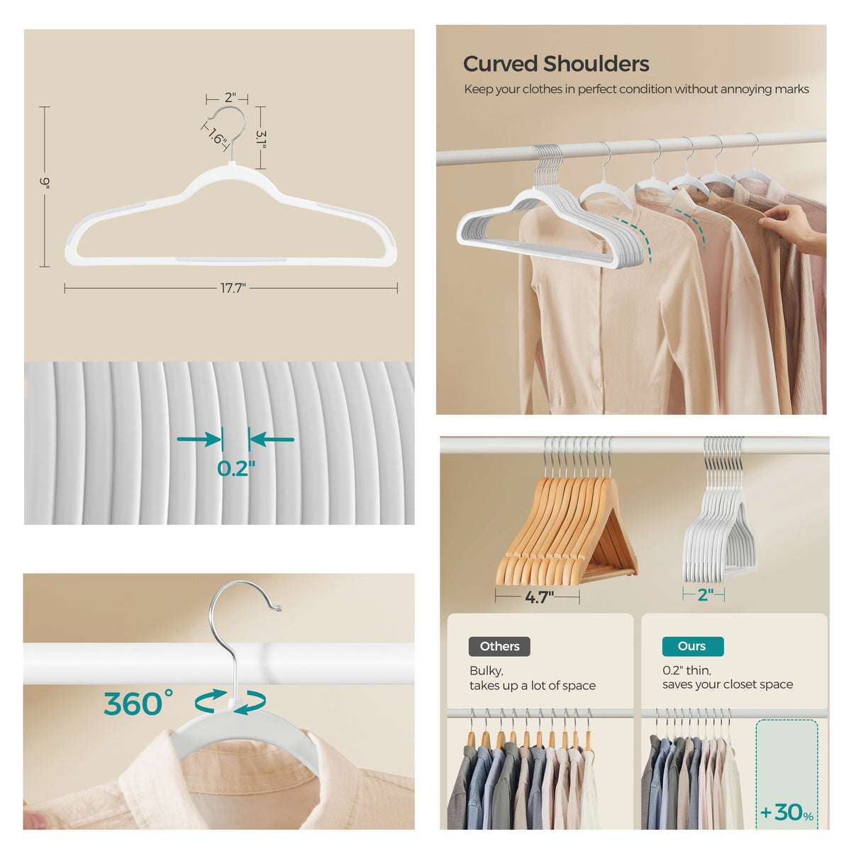 LEDREM Non-Slip Plastic Clothes Hangers 50 Pack, Space-Saving with 360° Swivel Hook, 17.7 x 8.7 x 0.2 Inches, White