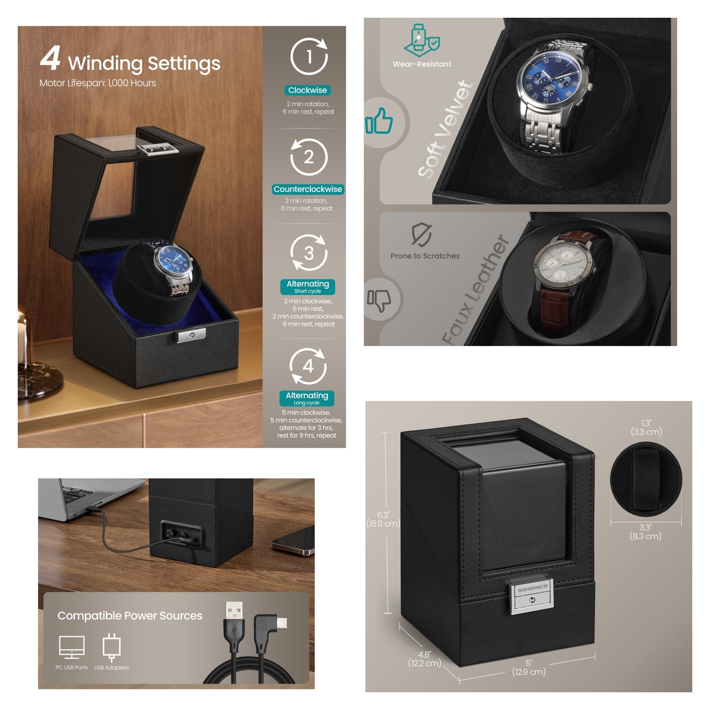 Automatic Single Watch Winder with Quiet Motor and LED Light, 4.8 x 5.1 x 6.3 Inches, Black