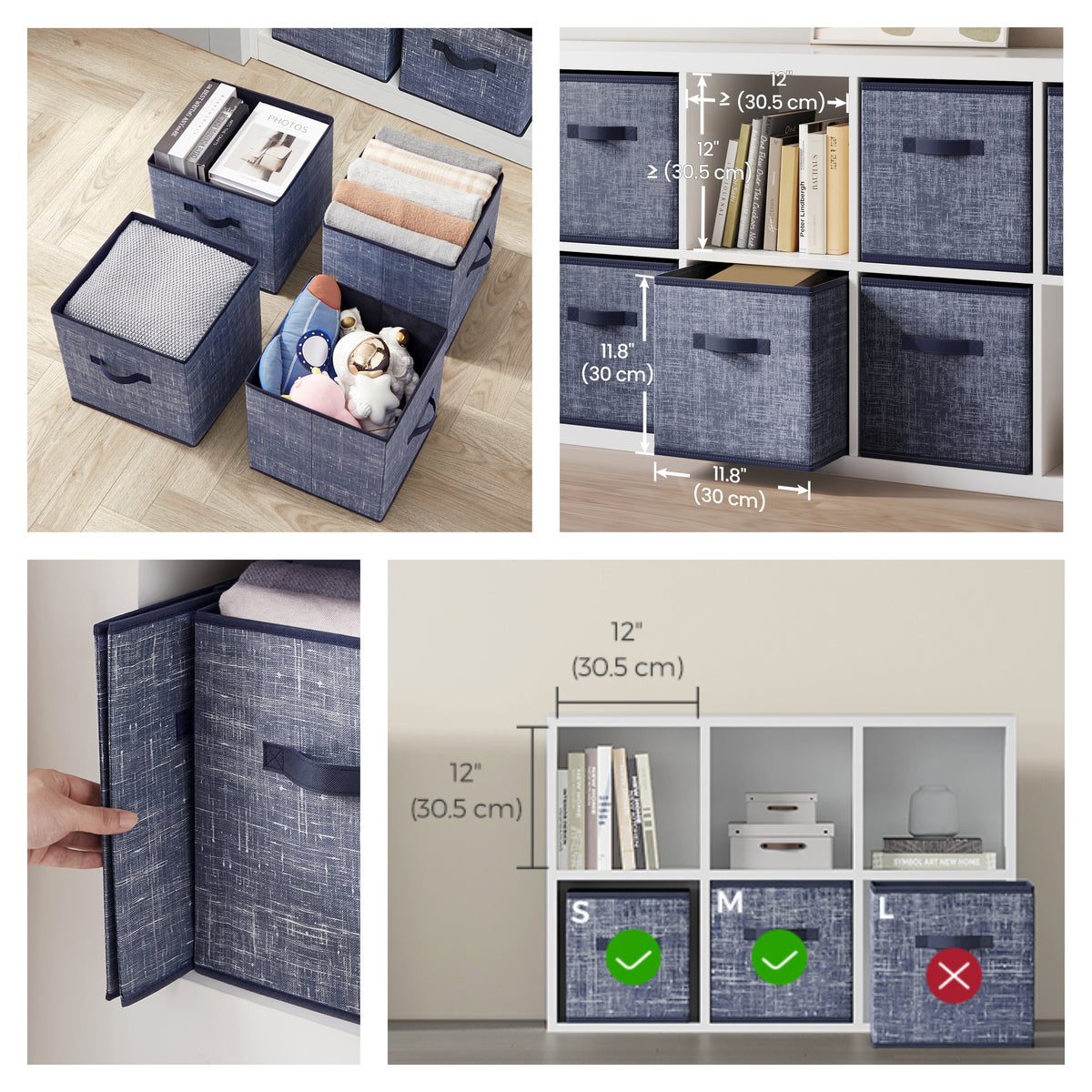 LEDREM Storage Cubes, 11.8 Inches Non-Woven Fabric Bins with Double Handles, Set of 6, Closet Organizers for Shelves, Collapsible, for Clothes, Blue