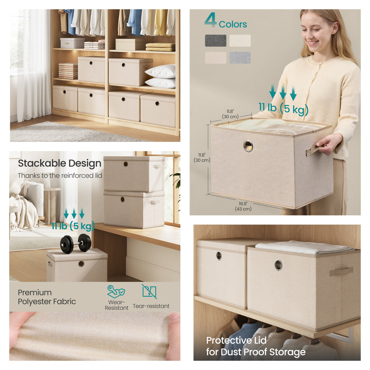 LEDREM Set of 3 Storage Boxes with Lids, Foldable and Stackable Containers, 43 x 30 x 30 cm, Sand Beige
