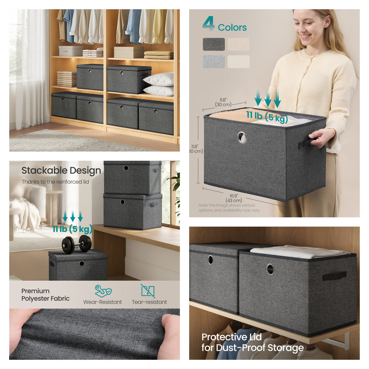 LEDREM Storage Bins 3 Pack, Stackable Foldable Fabric Boxes with Lids, 16.9 x 11.8 x 11.8 Inches, Gray