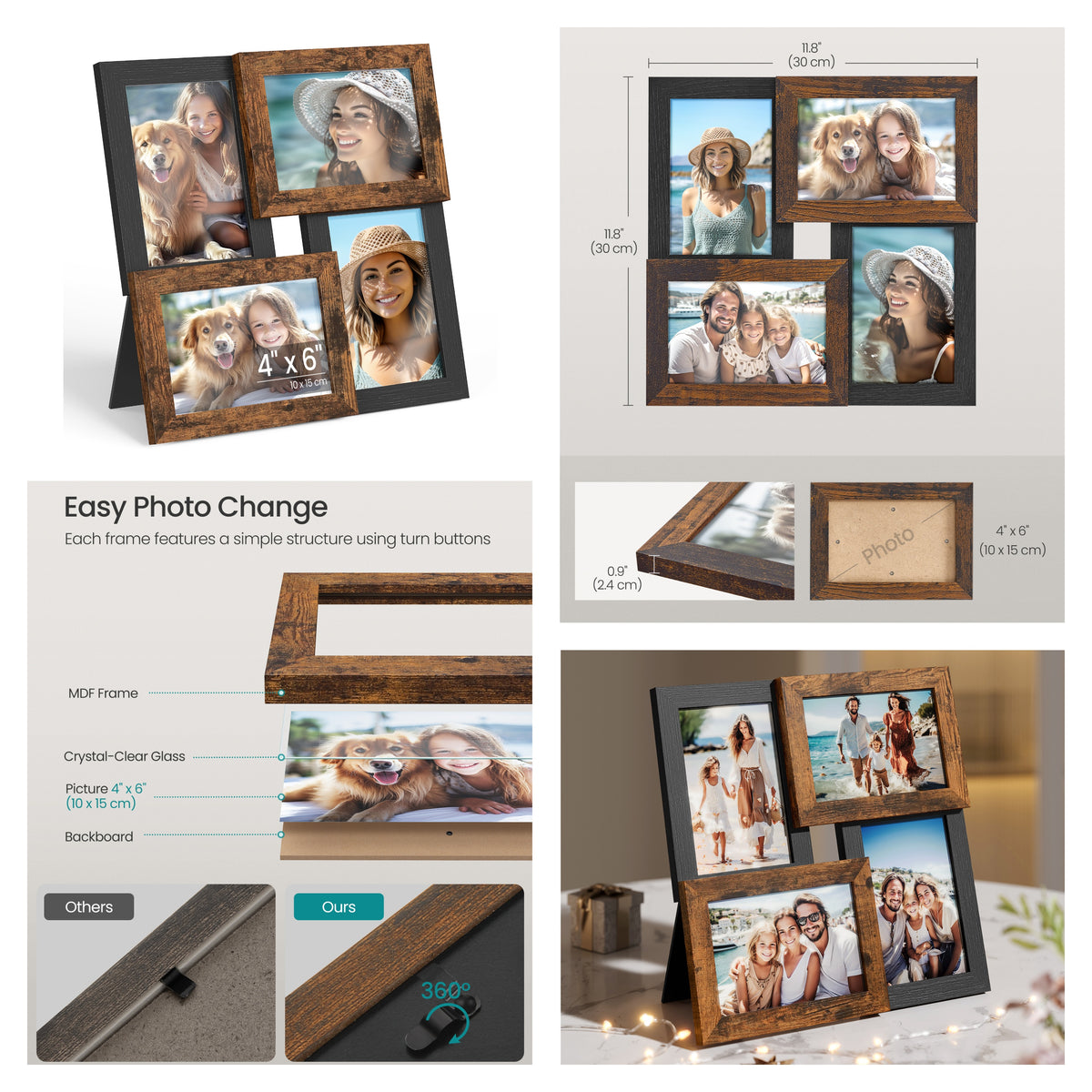 LEDREM Wooden Collage Picture Frame with Glass, Wall and Tabletop Display, 4 x 6 inches, Rustic Brown