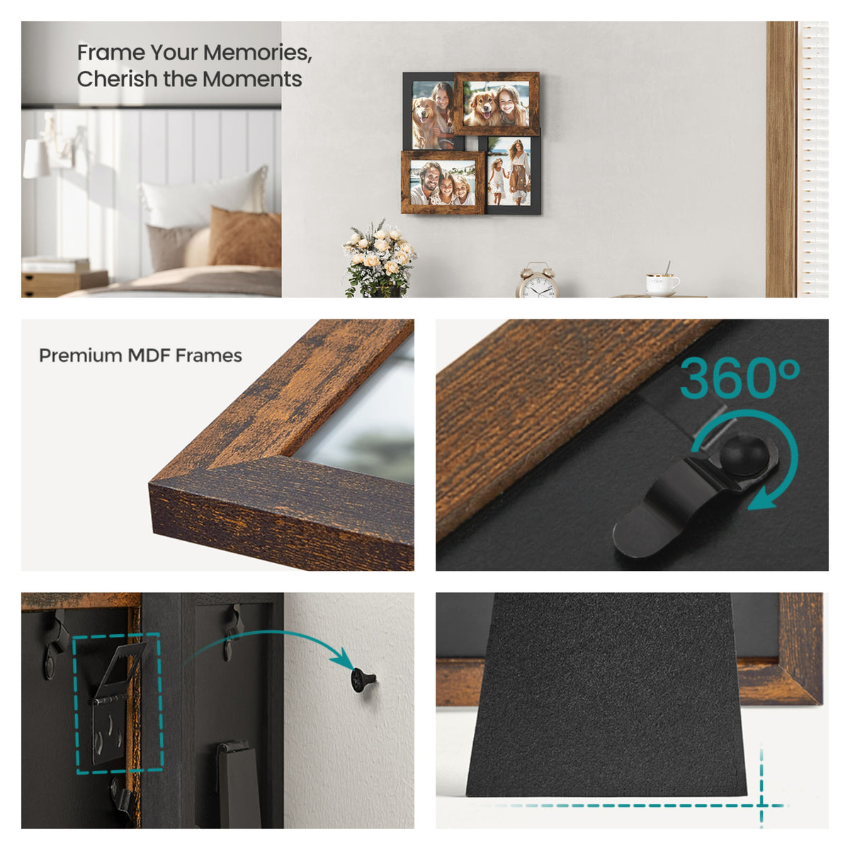 LEDREM Wooden Collage Picture Frame with Glass, Wall and Tabletop Display, 4 x 6 inches, Rustic Brown