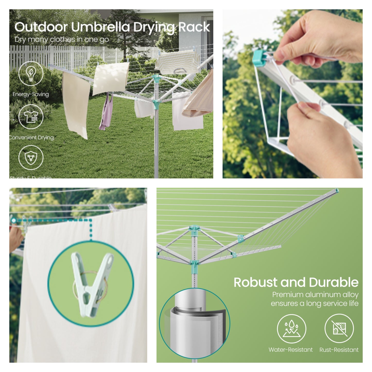 Retractable Outdoor Drying Rack, Height Adjustable Umbrella Clothesline 197 Ft Long, Holds 6 Loads with Ground Spike & Cover for Garden, Silver and Green