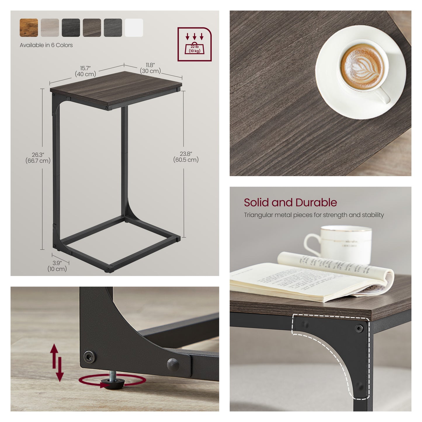 C-Shaped End Table for Sofa, Side Table with Metal Frame & Adjustable Feet, Small TV Tray for Living Room, Bedroom, 15.7 x 26.3 x 11.8 Inches, Chestnut Brown and Black