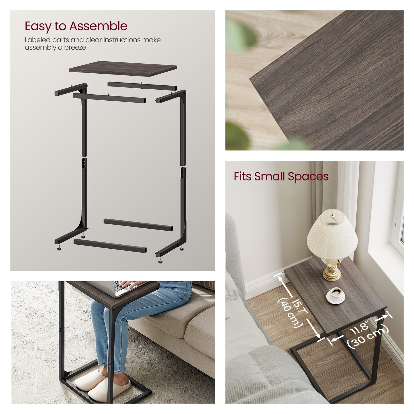C-Shaped End Table for Sofa, Side Table with Metal Frame & Adjustable Feet, Small TV Tray for Living Room, Bedroom, 15.7 x 26.3 x 11.8 Inches, Chestnut Brown and Black