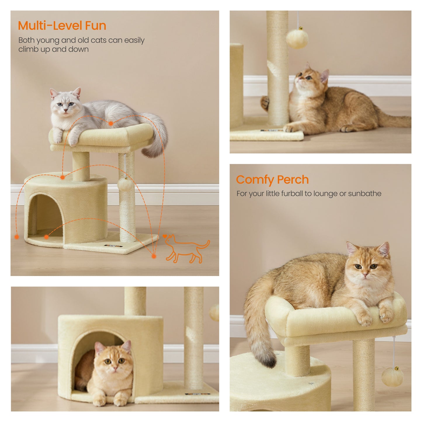 Small Cat Tree Tower with Sisal Scratching Post, Plush Condo with Padded Perch & Cave, for Kittens, Small Spaces, Sand Beige