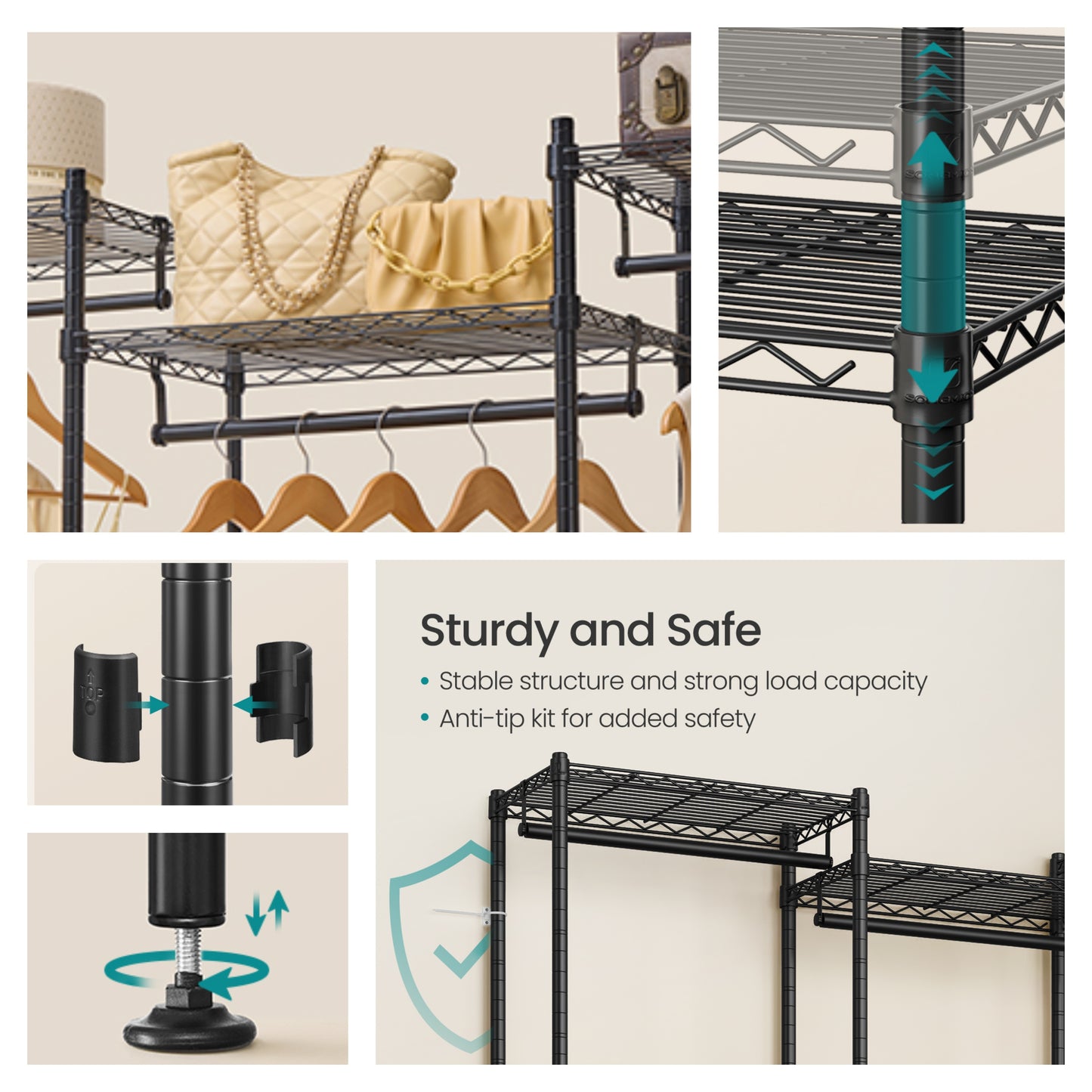 Heavy-Duty Garment Rack, 56.9-Inch Wide Portable Closet with 5 Rails & 6 Shelves, No-Tool Assembly, 419lb Capacity, Ink Black