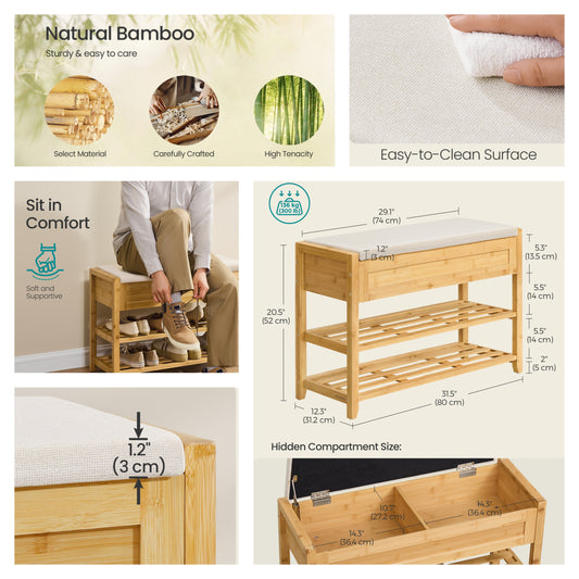 Storage Bench with 2-Tier Shoe Rack, 31.5" Wide Entryway Organizer with Hidden Compartments and Cushioned Seat，Beige