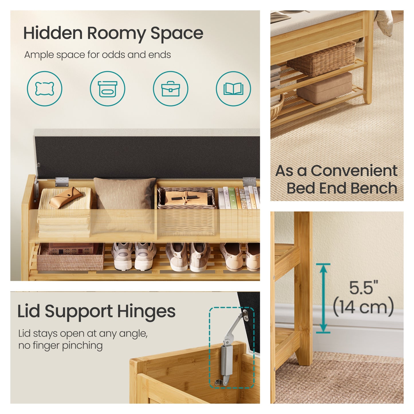 Storage Bench with 2-Tier Shoe Rack, 31.5" Wide Entryway Organizer with Hidden Compartments and Cushioned Seat，Beige