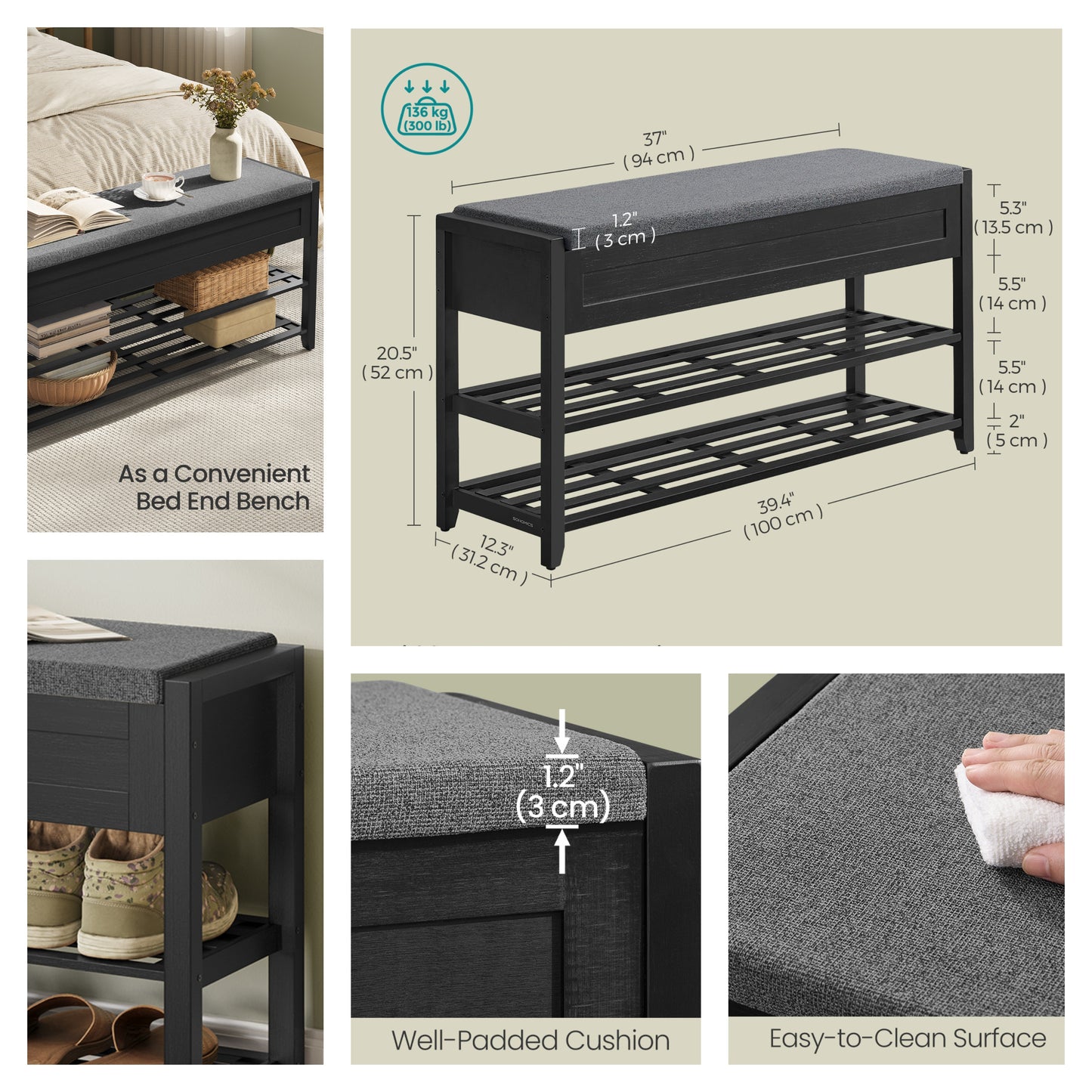 Bamboo Storage Bench with 2-Tier Shoe Rack, 39.4" Wide Entryway Organizer with Hidden Compartments & Cushioned Seat，Ink Black