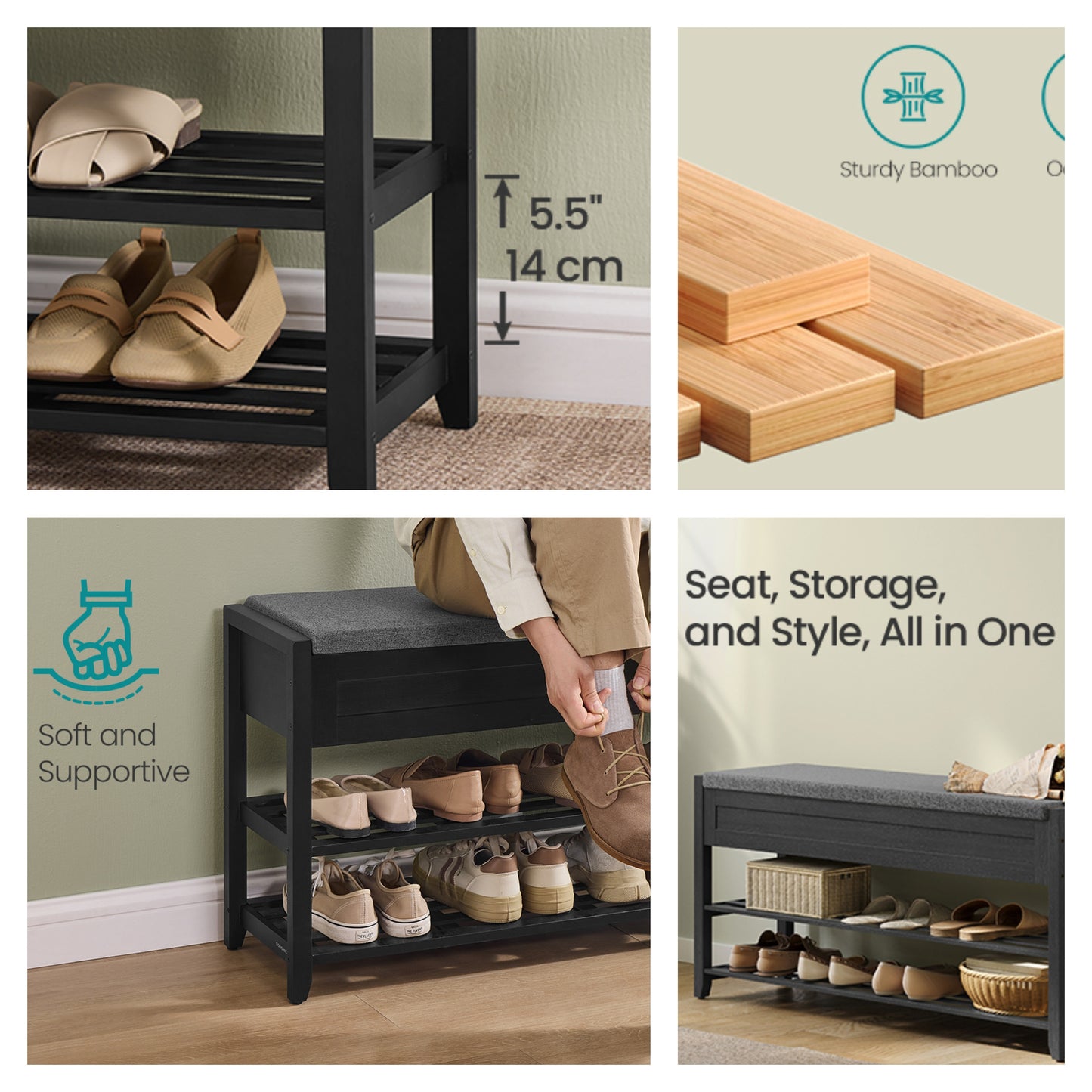 Bamboo Storage Bench with 2-Tier Shoe Rack, 39.4" Wide Entryway Organizer with Hidden Compartments & Cushioned Seat，Ink Black