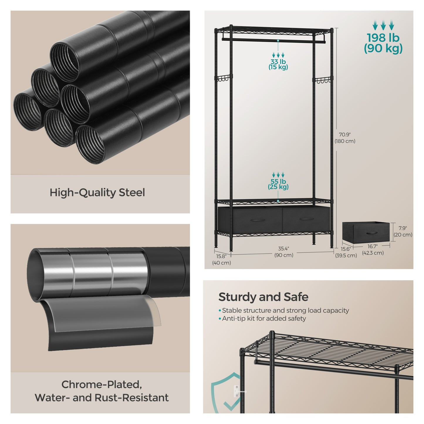 Heavy-Duty Garment Rack with Shelves & Drawers, Freestanding Clothes Organizer with Hanging Rail and Hooks, No-Tool Assembly, Black
