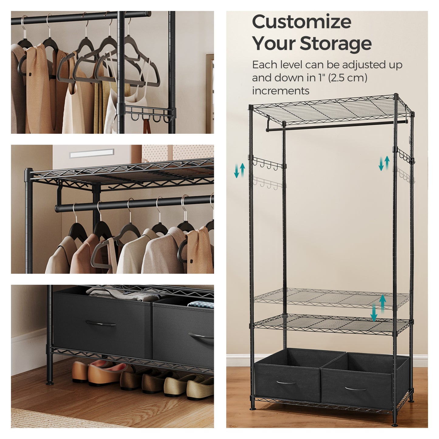 Heavy-Duty Garment Rack with Shelves & Drawers, Freestanding Clothes Organizer with Hanging Rail and Hooks, No-Tool Assembly, Black