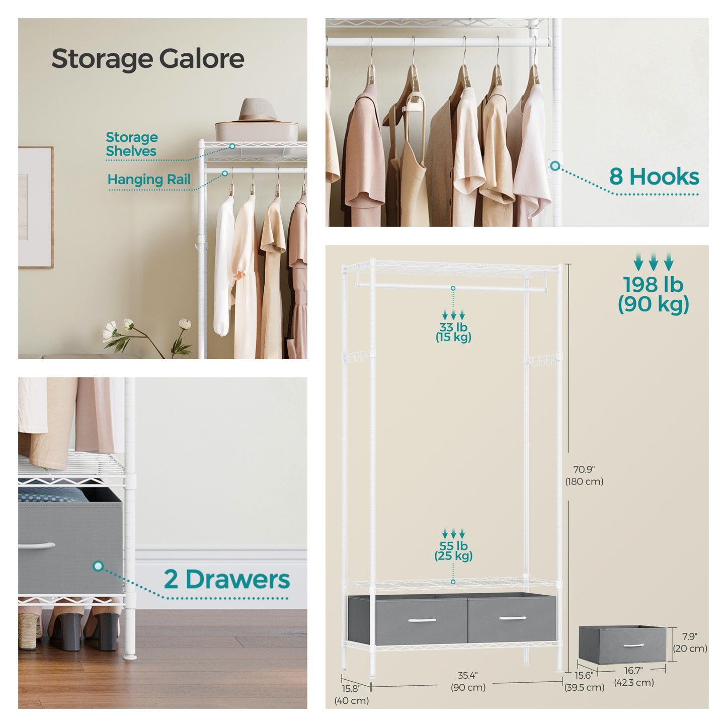 Heavy-Duty Garment Rack with Shelves & Drawers, Freestanding Clothes Organizer with Hanging Rail and Hooks, No-Tool Assembly, Cloud White and Dove Gray
