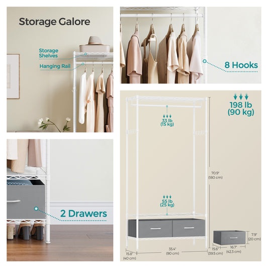 Heavy-Duty Garment Rack with Shelves & Drawers, Freestanding Clothes Organizer with Hanging Rail and Hooks, No-Tool Assembly, Cloud White and Dove Gray
